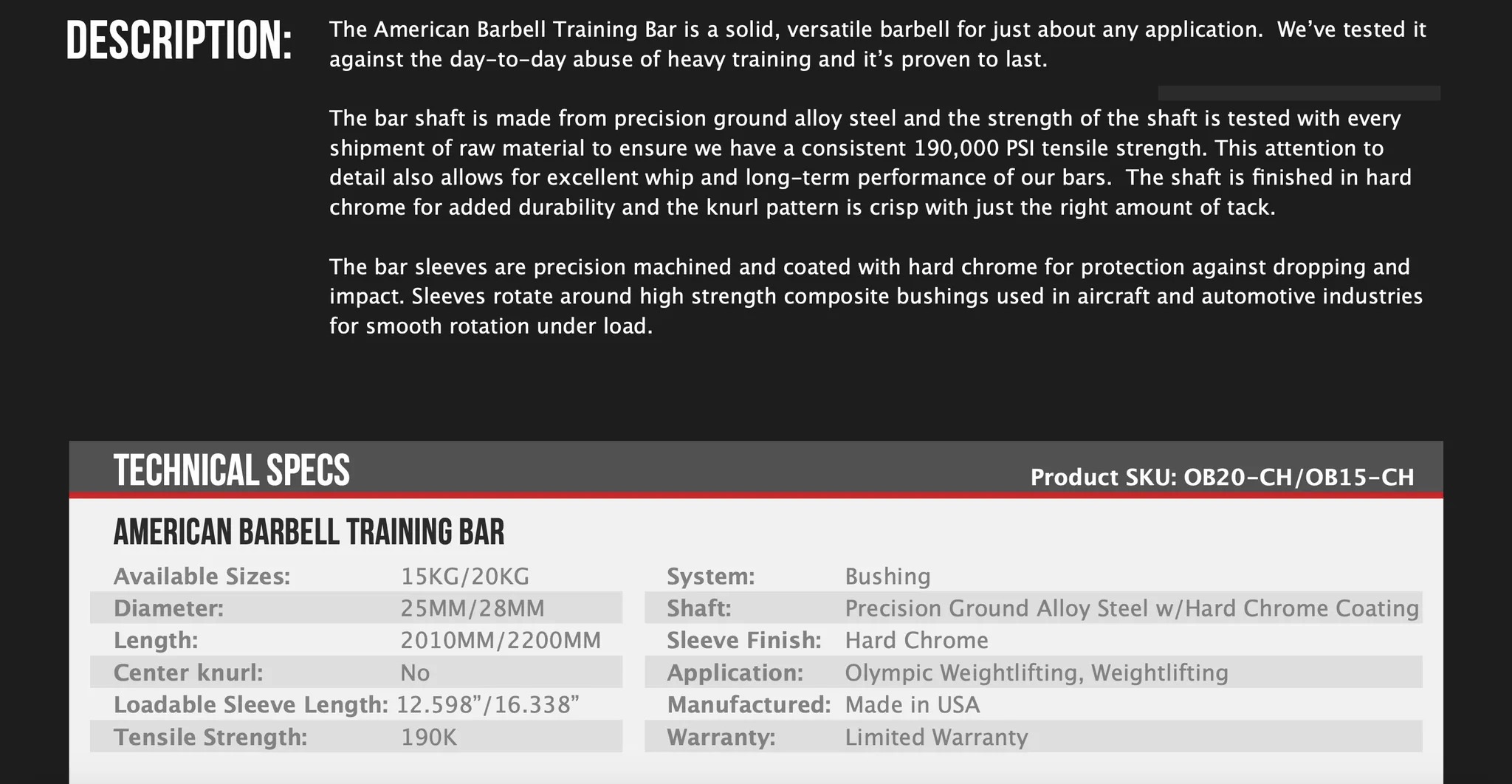 American Barbell 20kg Training Bar, Made in the USA