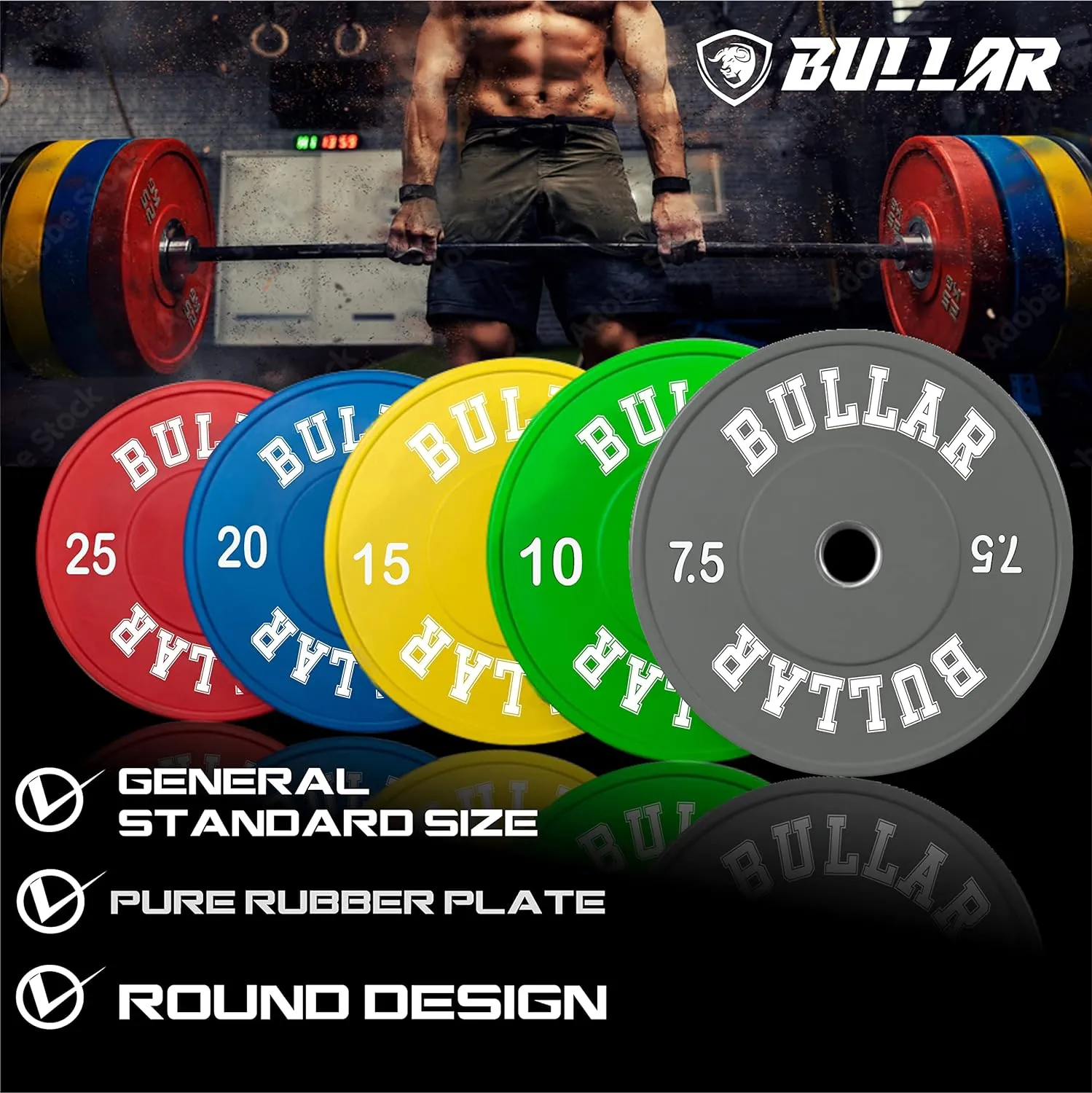 Bumper plates with olympic barbell (50 KG SET(10x2 5x2 7.5x2 2.5x2))