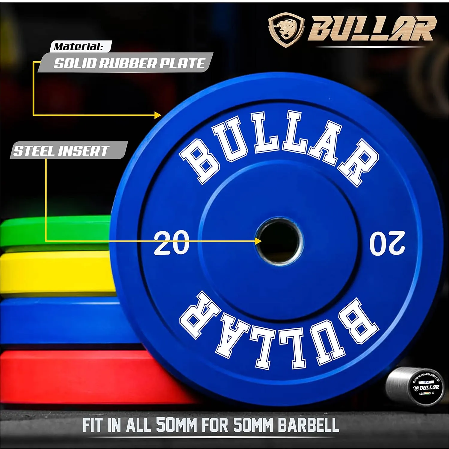 Bumper plates with olympic barbell (50 KG SET(10x2 5x2 7.5x2 2.5x2))