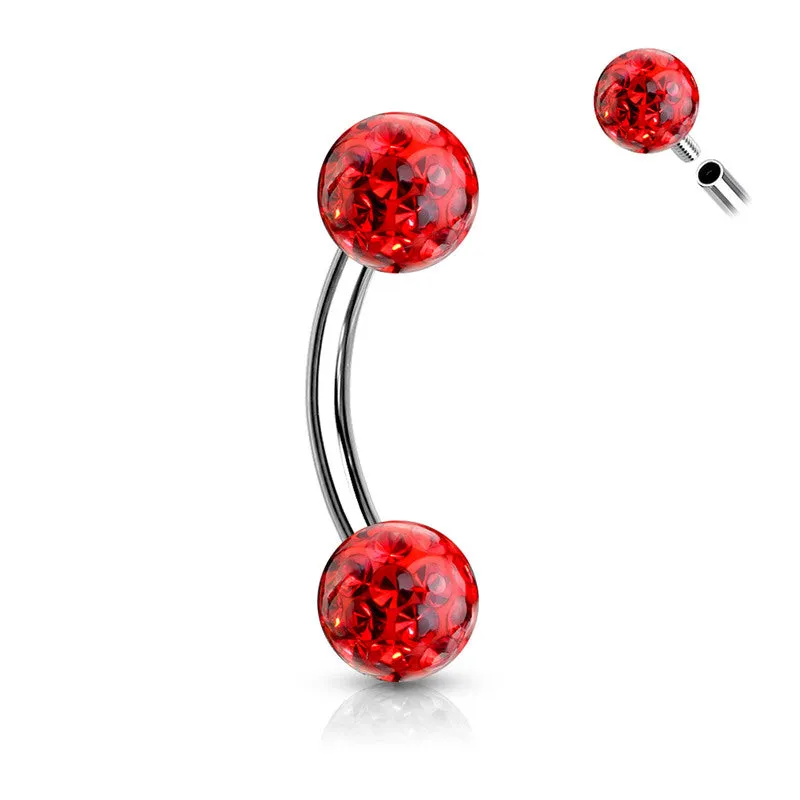 Epoxy Covered Crystal Paved Balls Eyebrow Barbells -Red