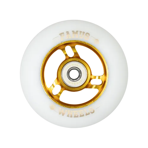 FAMUS WHEELS - Set of 4 - Inline FAMUS WHEELS - 90MM/86A - Gold/White - Metal Core 90mm Inline Wheels - Sale