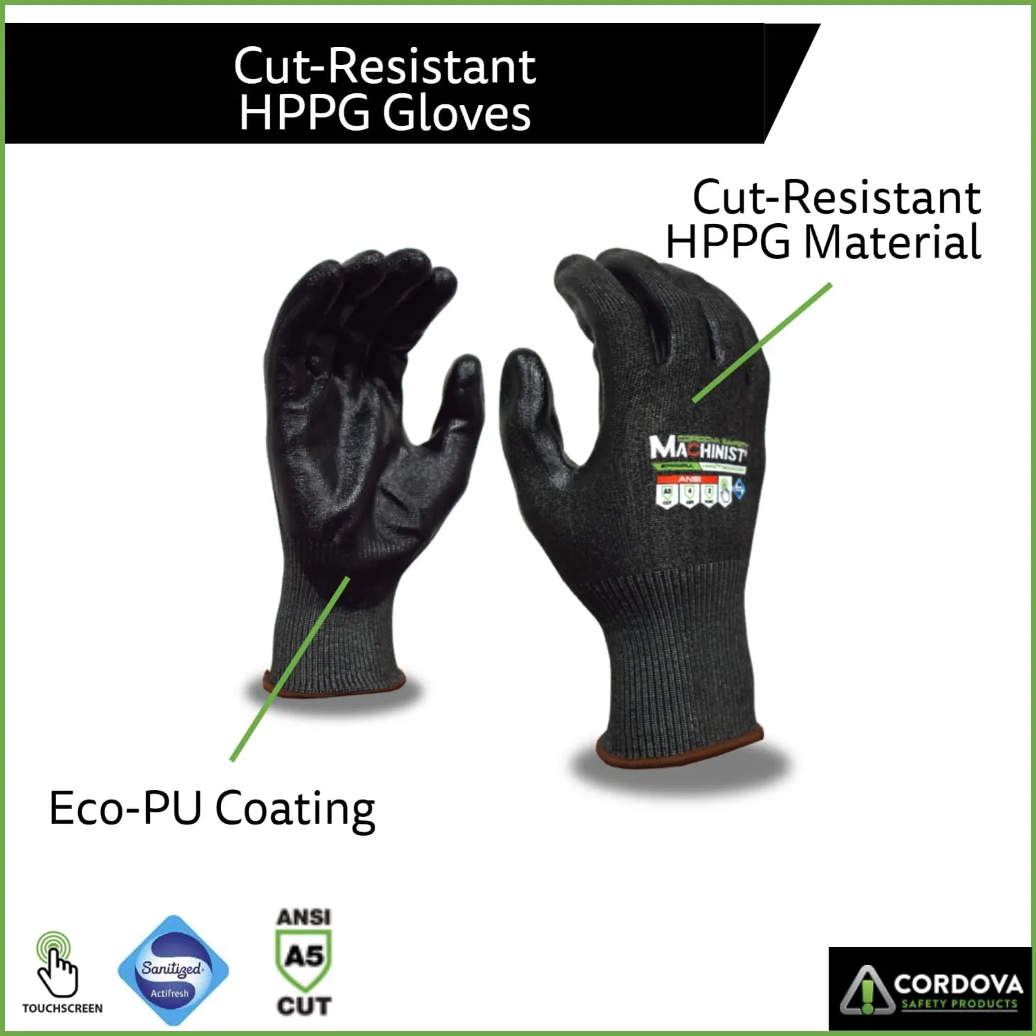 HPPG Cut-Resistant Gloves with Eco-PU Coating, ANSI Cut Level A5