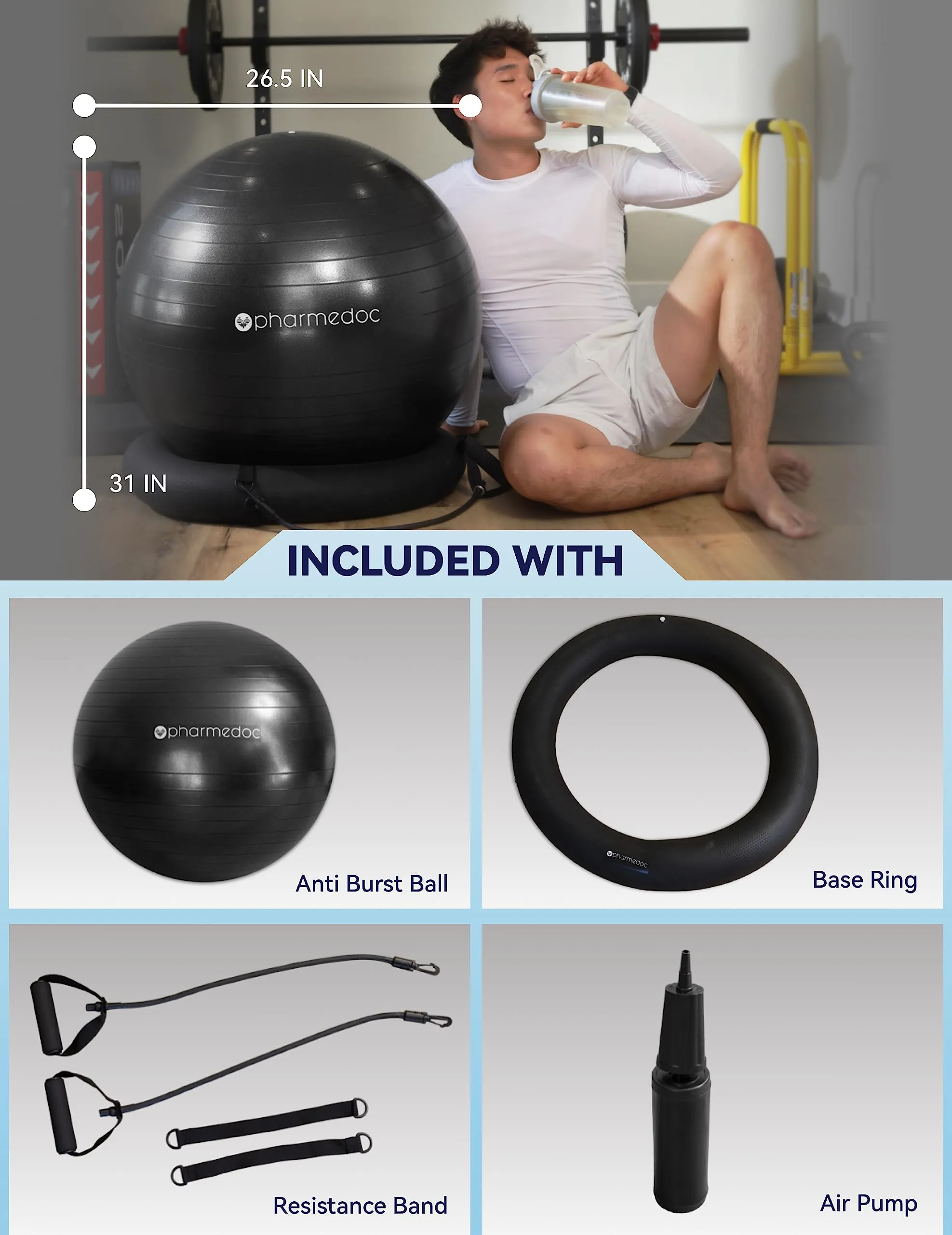 Pharmedoc Yoga Ball Chair with Base & Bands