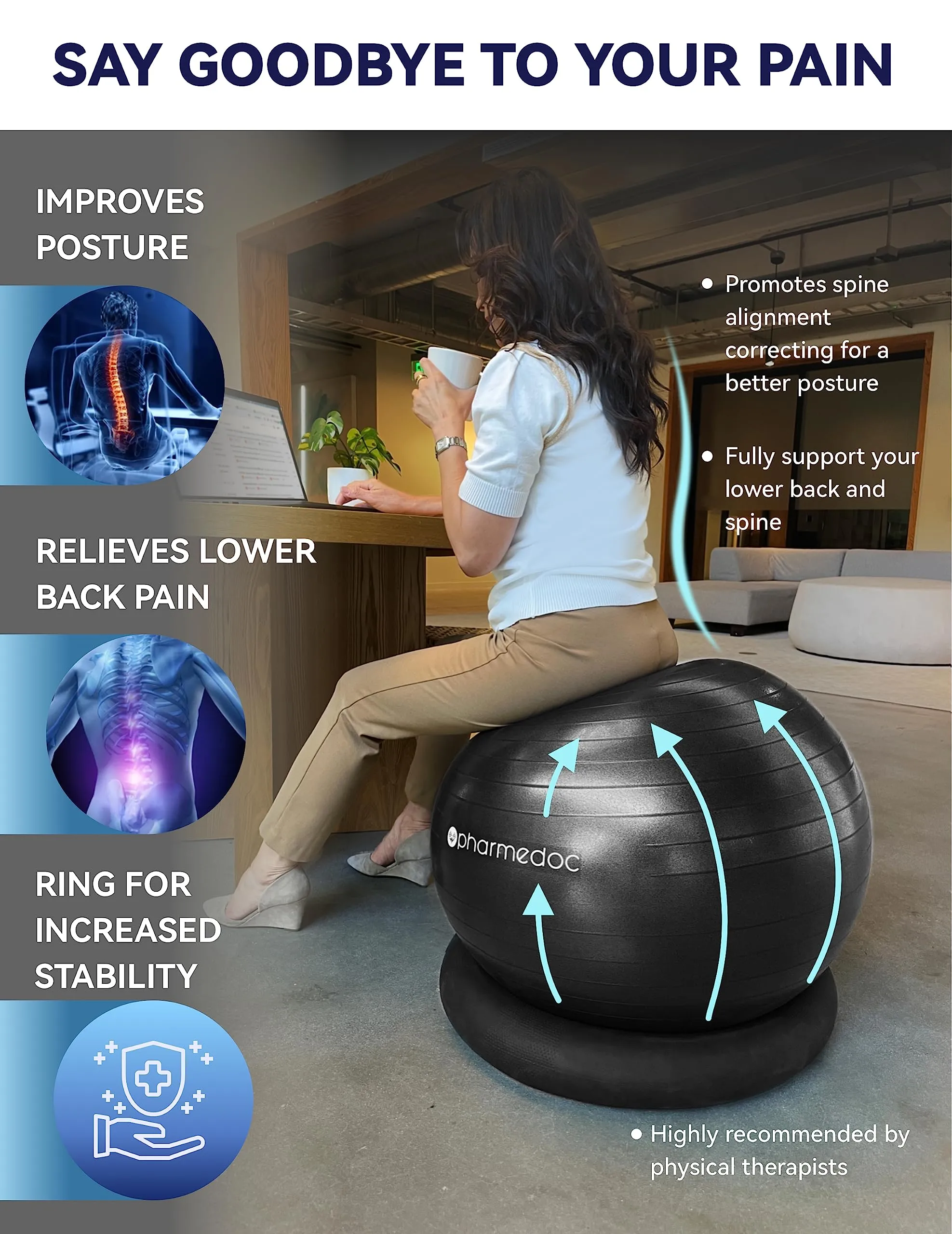 Pharmedoc Yoga Ball Chair with Base & Bands