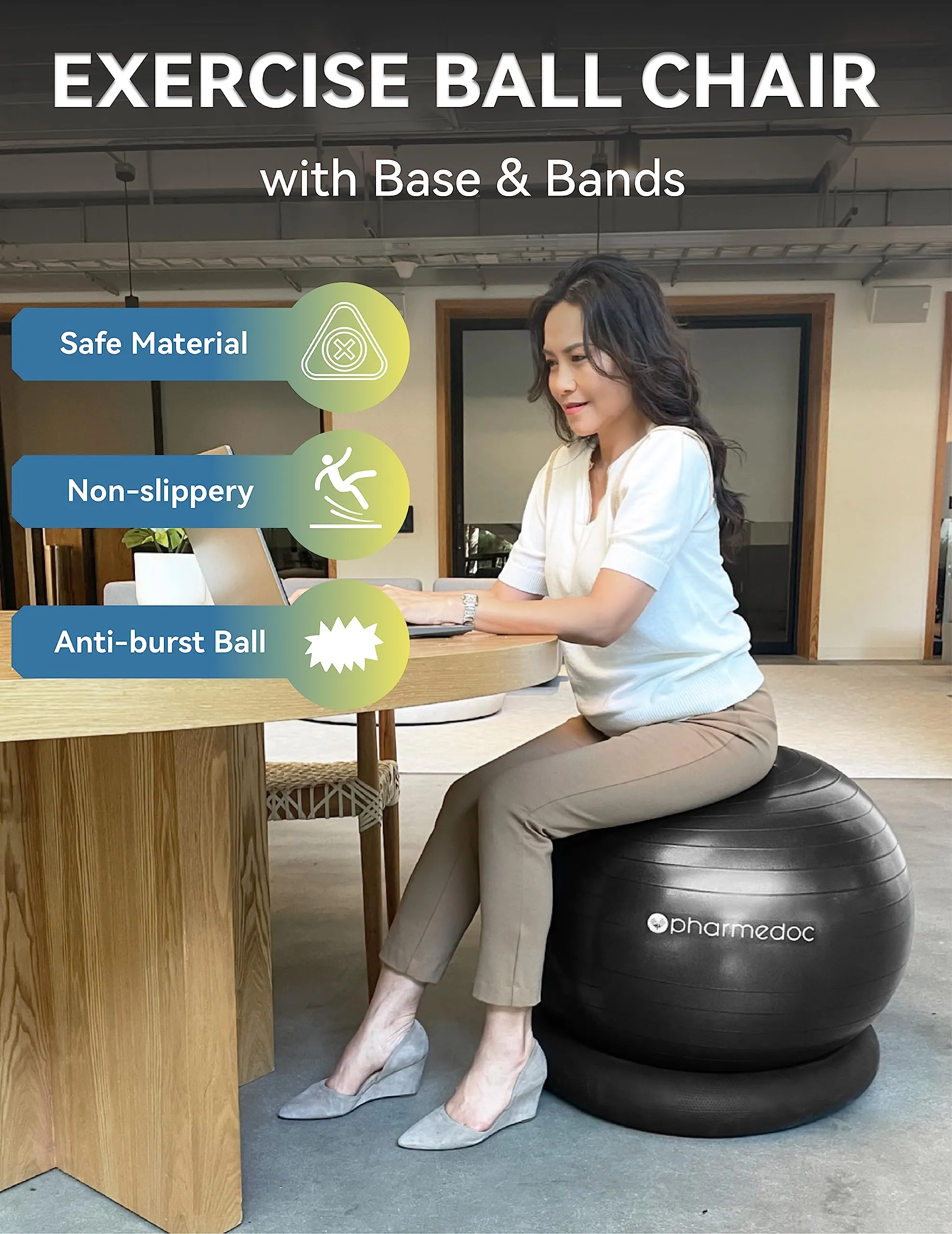 Pharmedoc Yoga Ball Chair with Base & Bands