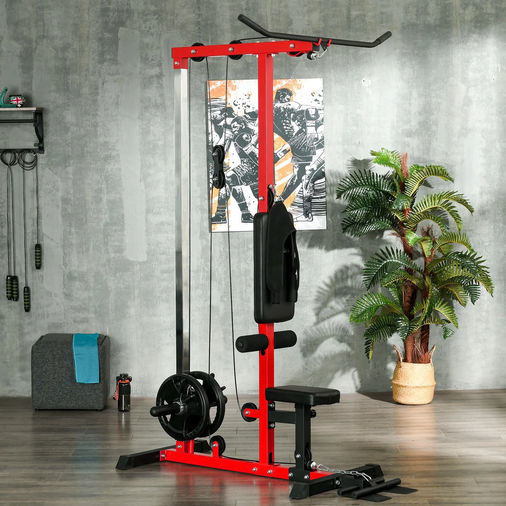 Pull Up Station Power Cage with Adjustable Seat, Home Gym - Red