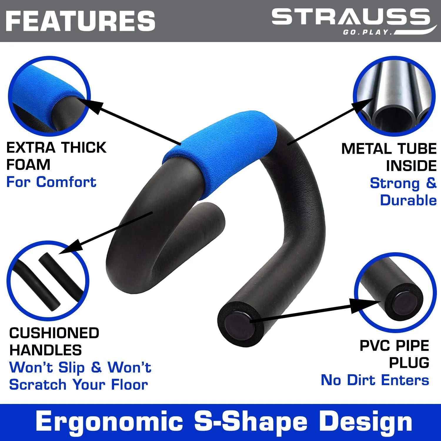 Strauss Power Push up Bar, (Black/Blue) and Double Exercise Wheel (Blue)