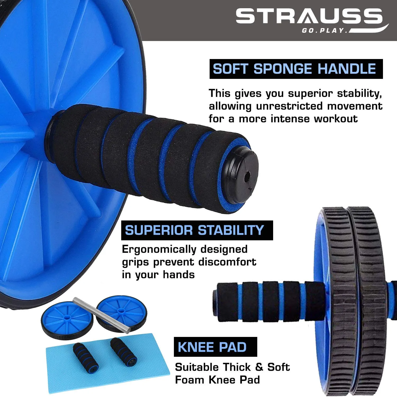 Strauss Power Push up Bar, (Black/Blue) and Double Exercise Wheel (Blue)