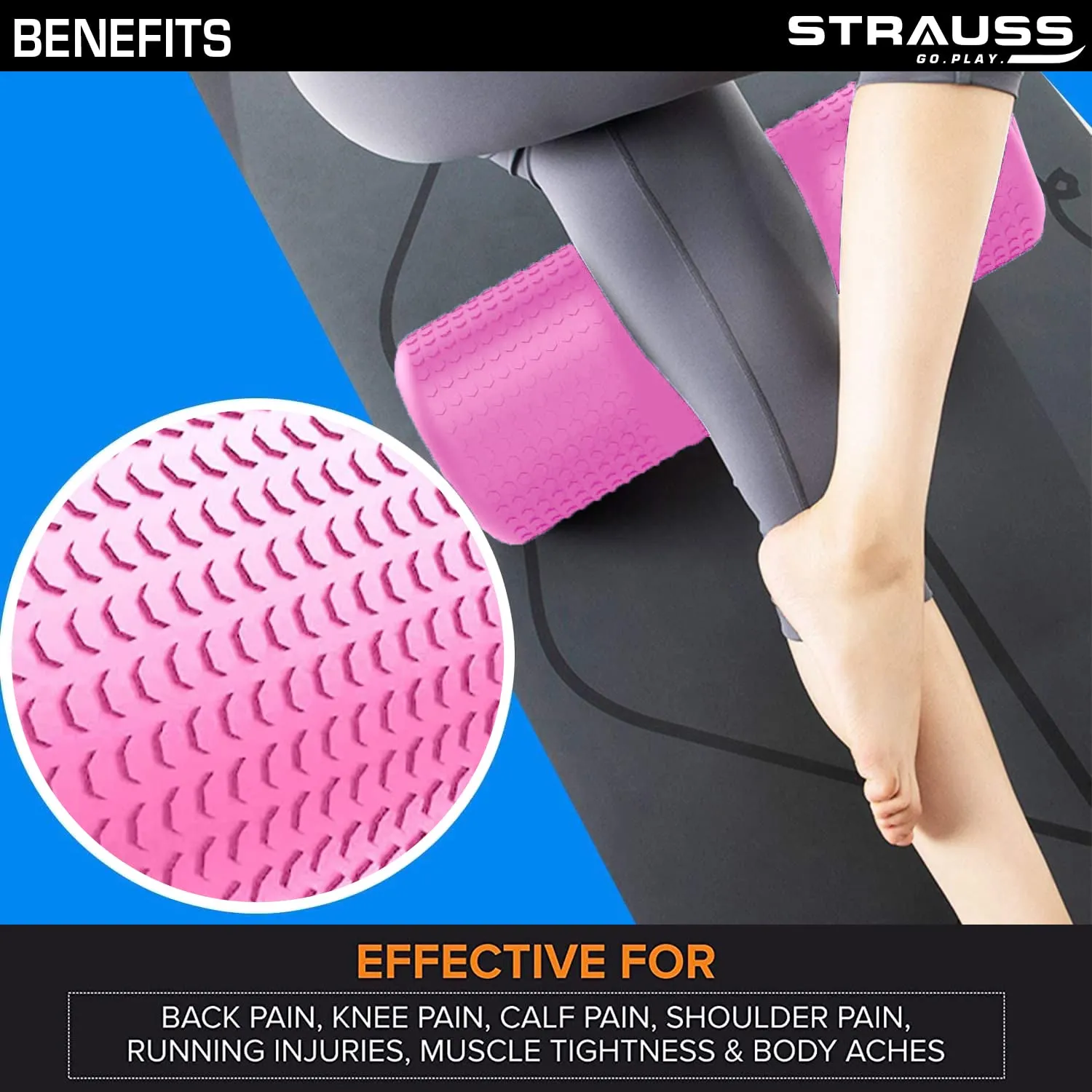 Strauss Yoga Foam Roller | Ideal For Exercise, Muscle Recovery, Physiotherapy, Pain Relief & Myofascial | Deep Tissue Massage Roller 45 Cm, (Pink)